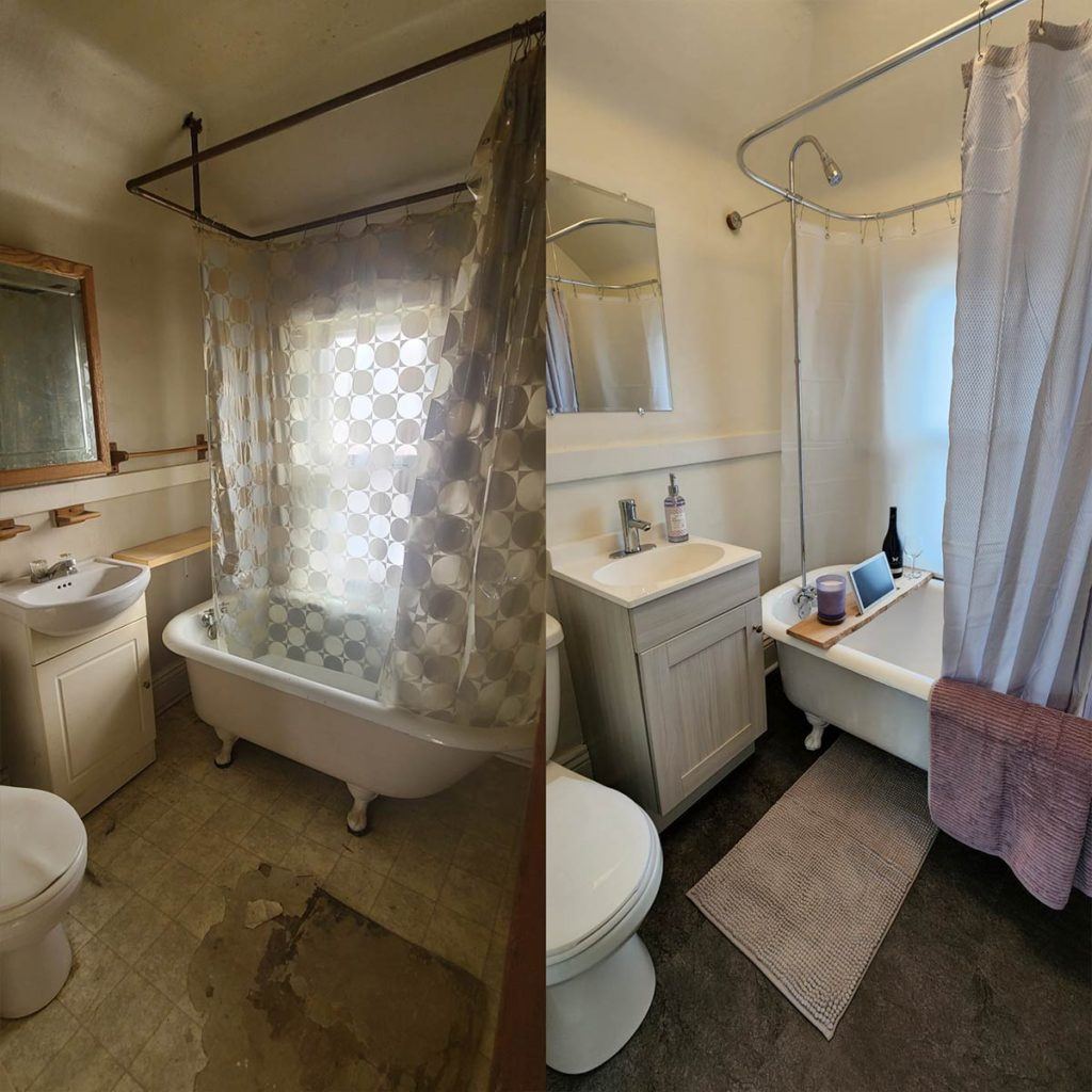 before and after photo of a remodelled bathroom