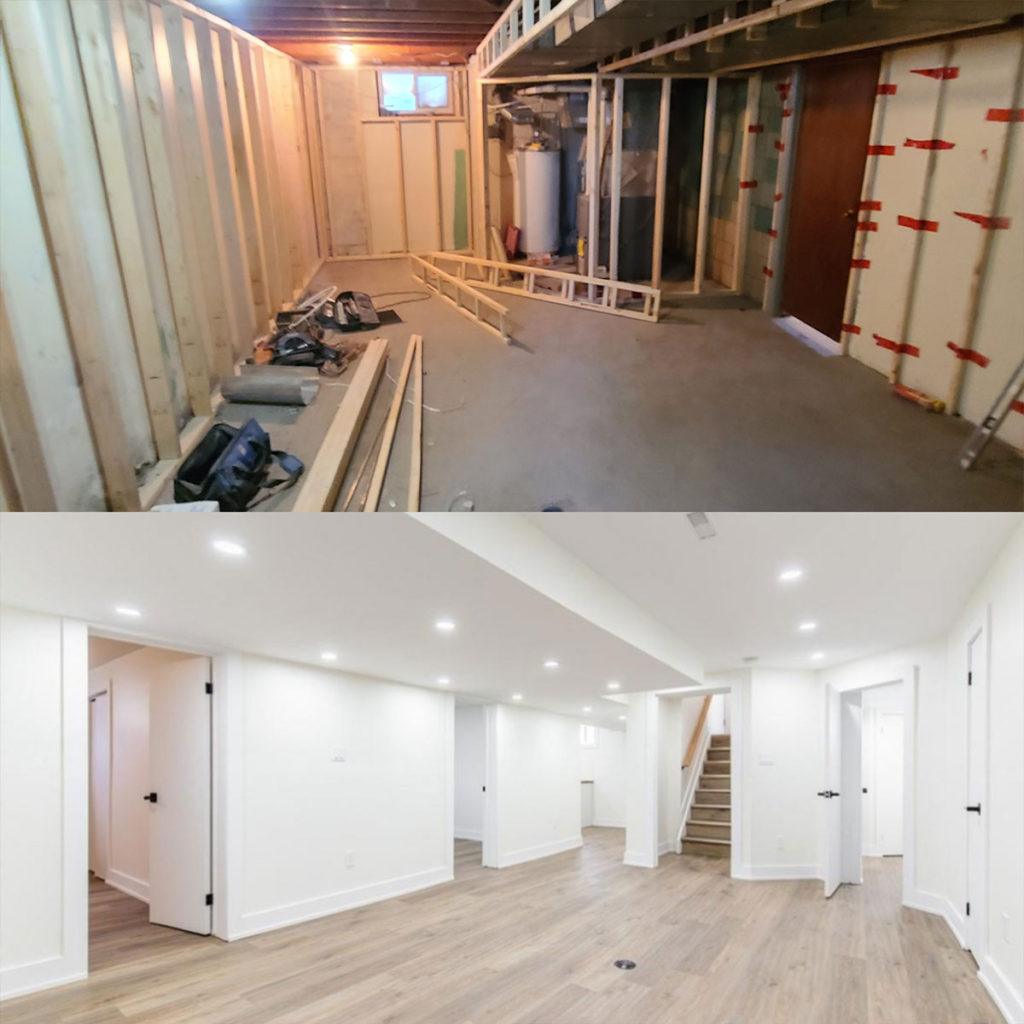 before and after photo of a remodelled basement