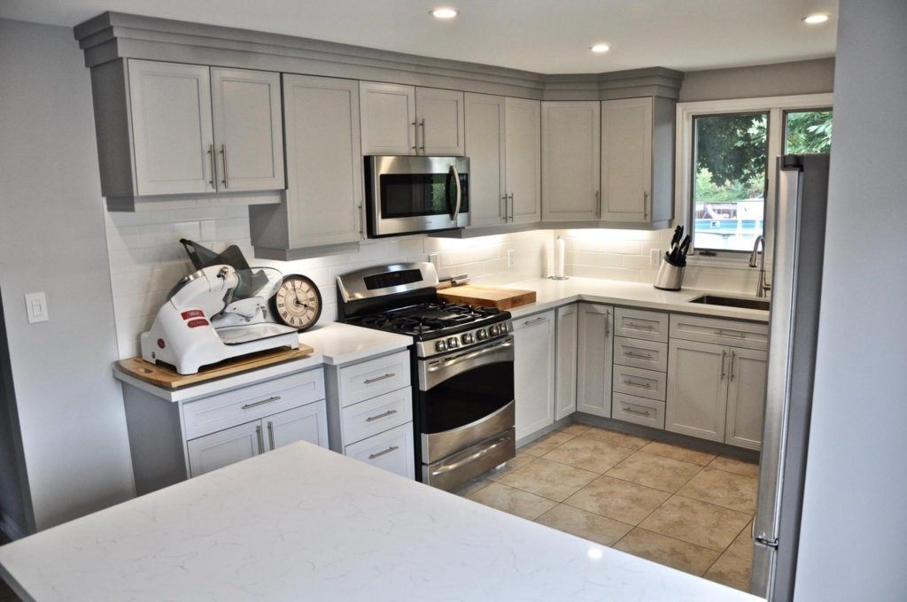 kitchen with grey and white cupboards
