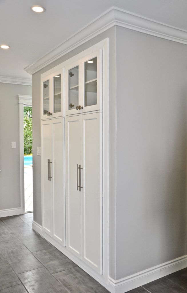 white cupboards on a grey painted wall