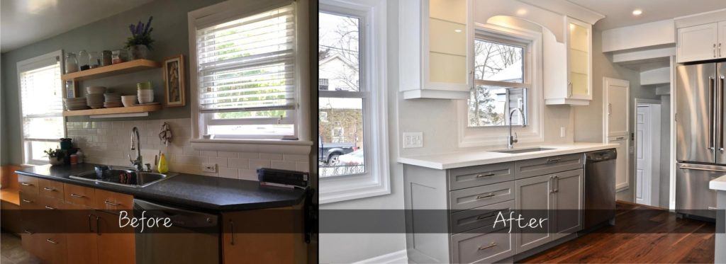 before and after photo of a remodelled kitchen