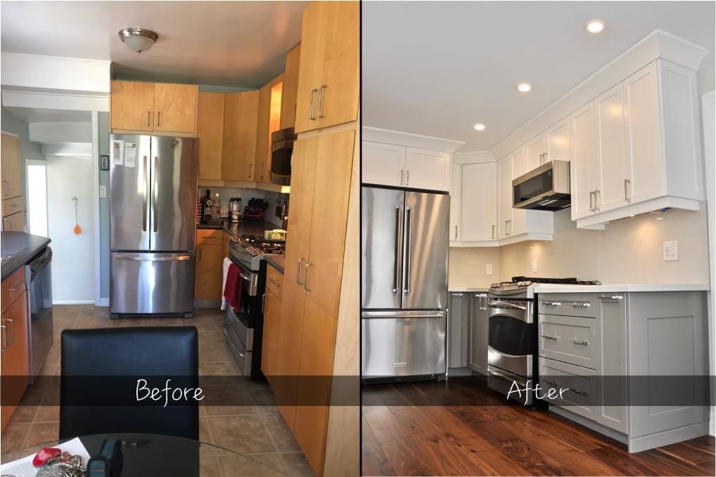before and after photo of a remodelled kitchen side by side