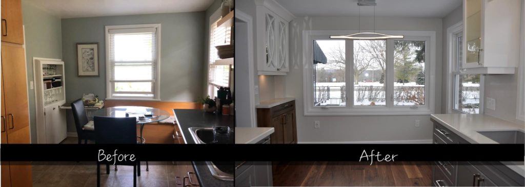 before and after photo of a remodelled kitchen side by side